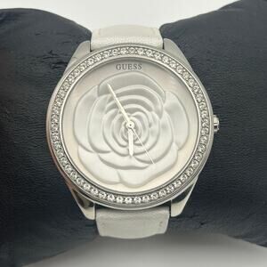 Guess Rosette Silver Crystals White Leather Women’s Watch Working New Battery
